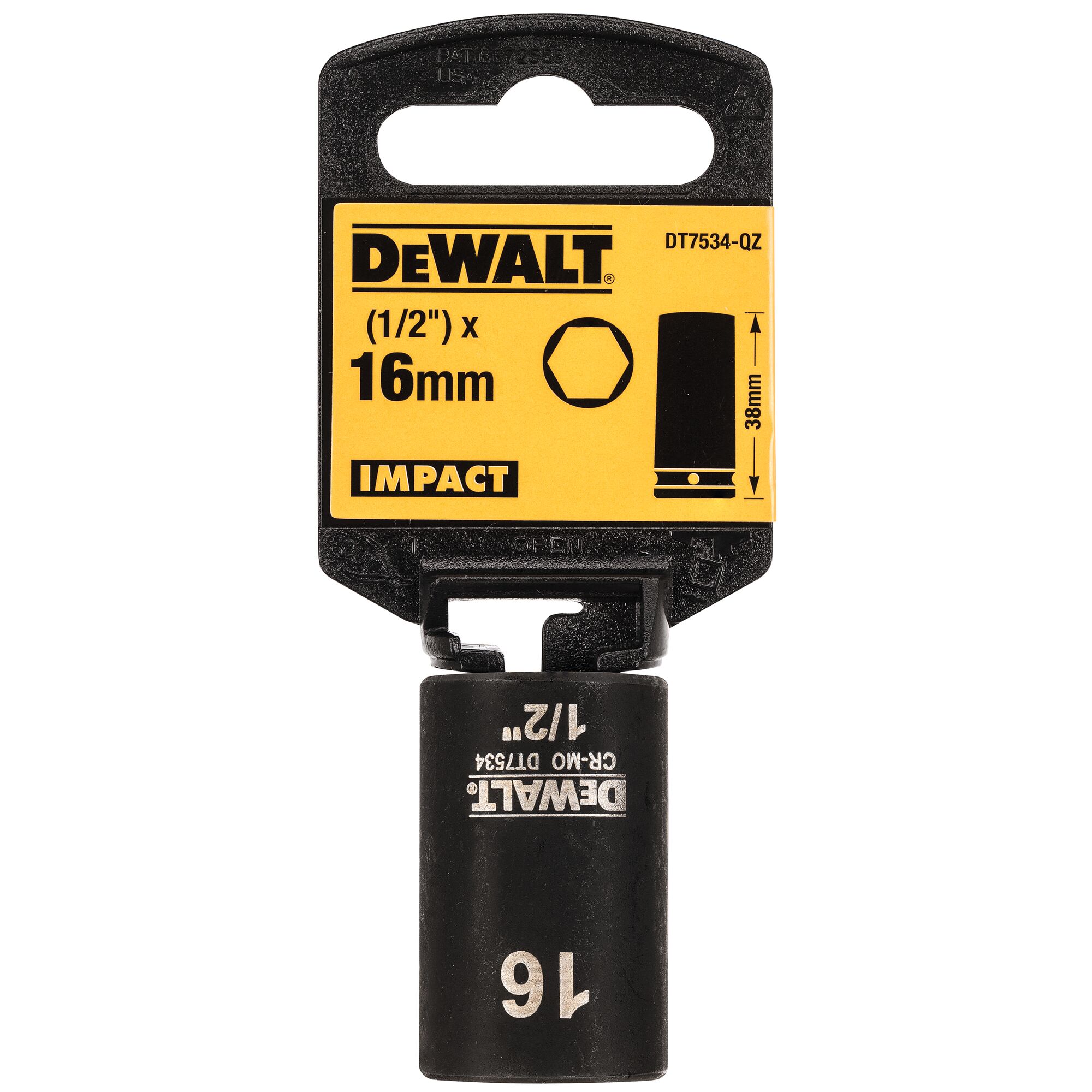 DeWALT 16mm, 1/2 Drive Impact Socket, 38 mm length