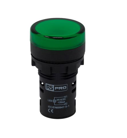 RS PRO, Panel Mount Green LED Pilot Light, 22mm Cutout, IP65, Round, 24V ac/dc