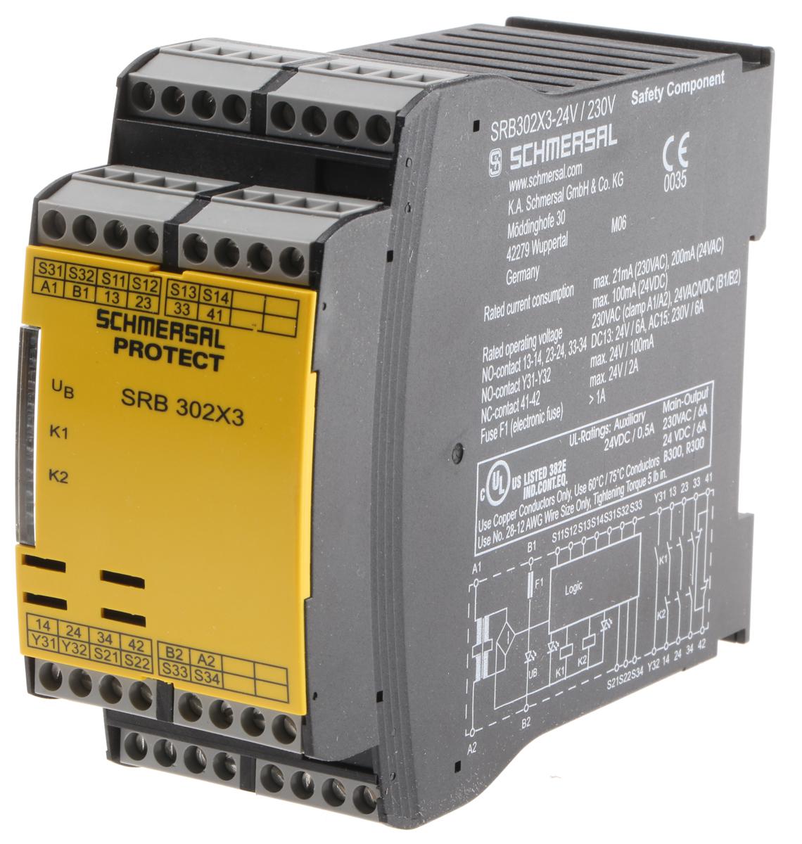 Schmersal PROTECT SRB SRB 302X3 2 Auxiliary Contacts Safety Relay 24 → 230V ac/dc, Dual-Channel 3 Safety Contacts