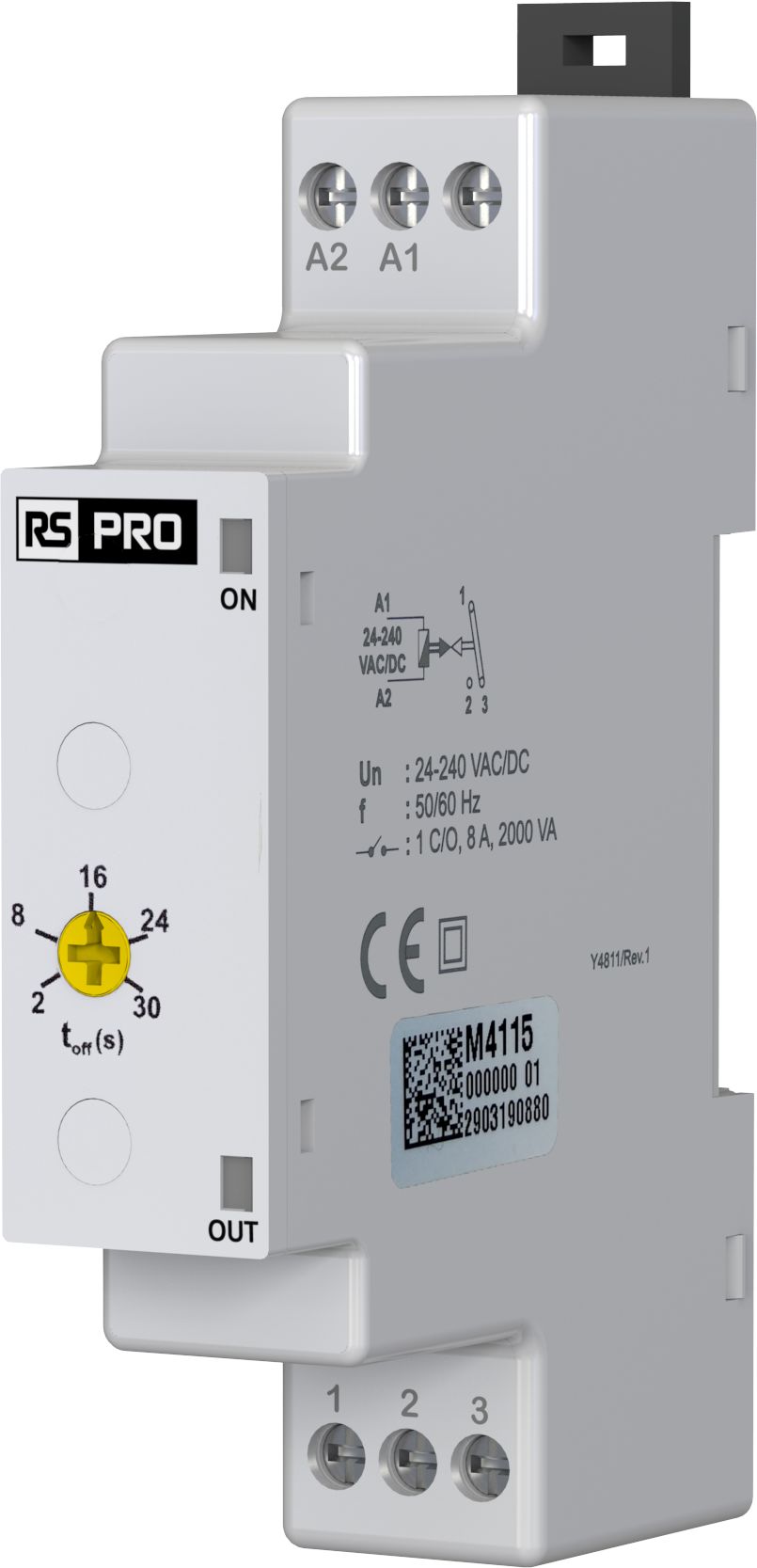 RS PRO DIN Rail Mount Timer Relay, 24 → 240V, 1-Contact, 4 → 60s, 1-Function, CO