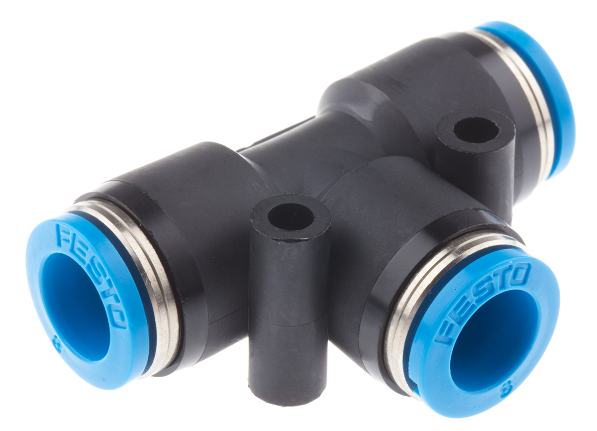 Festo QST Series Tee Tube-to-Tube Adaptor Push In 8 mm, Push In 8 mm to Push In 8 mm, Tube-to-Tube Connection Style,