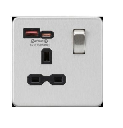 Knightsbridge Brushed Chrome 1 Gang 13A and USB Socket, 1 Pole Poles, 13A, Type G - British, USB, Indoor Use