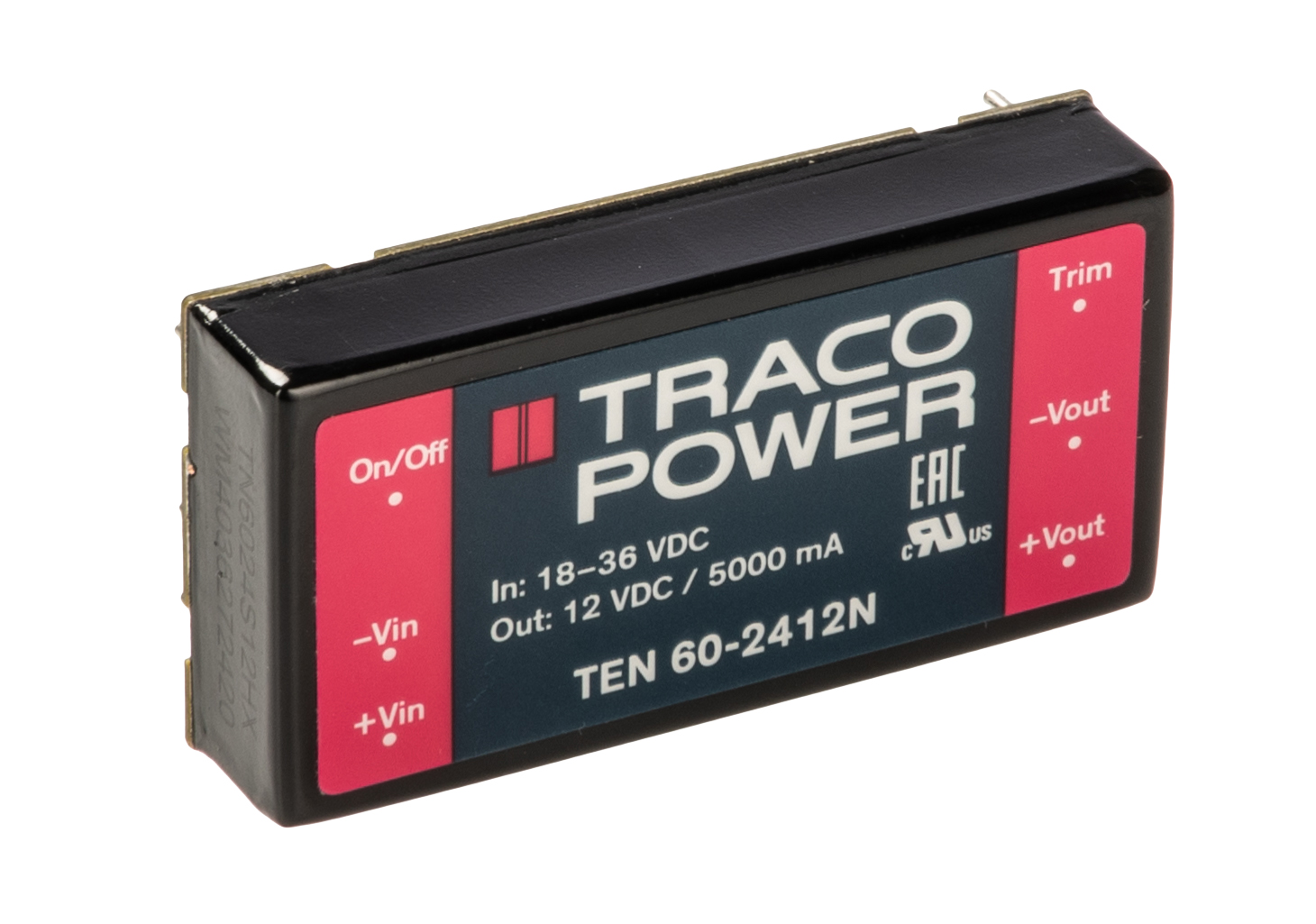 TRACOPOWER TEN 60N DC-DC Converter, 12V dc/ 5A Output, 18 → 36 V dc Input, 60W, Through Hole, +85°C Max Temp