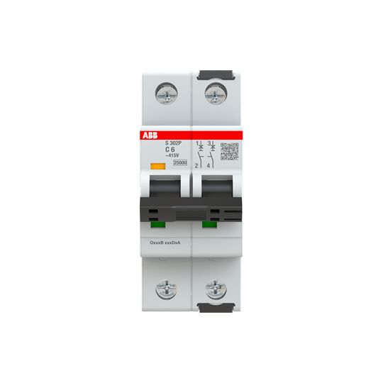 ABB S302 MCB, 2P, 6A Curve C, 415V AC, 125V DC, 100 kA Breaking Capacity