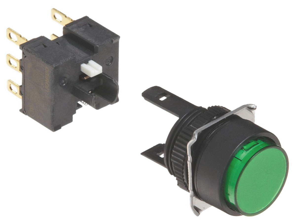 Omron A16 Series Push Button, Momentary, Panel Mount, 16mm Cutout, DPDT, IP66