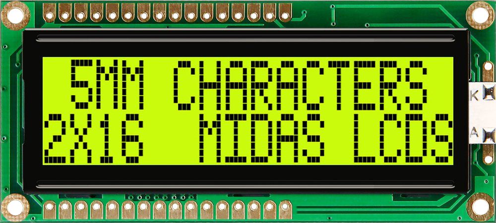Midas MC21605G6WK-SPTLY-V2 Alphanumeric LCD Alphanumeric Display, 2 Rows by 16 Characters