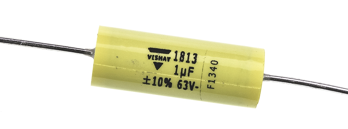 Vishay MKT 1813 Metallised Polyester Film Capacitor, 40 V ac, 63 V dc, ±10%, 1μF, Through Hole