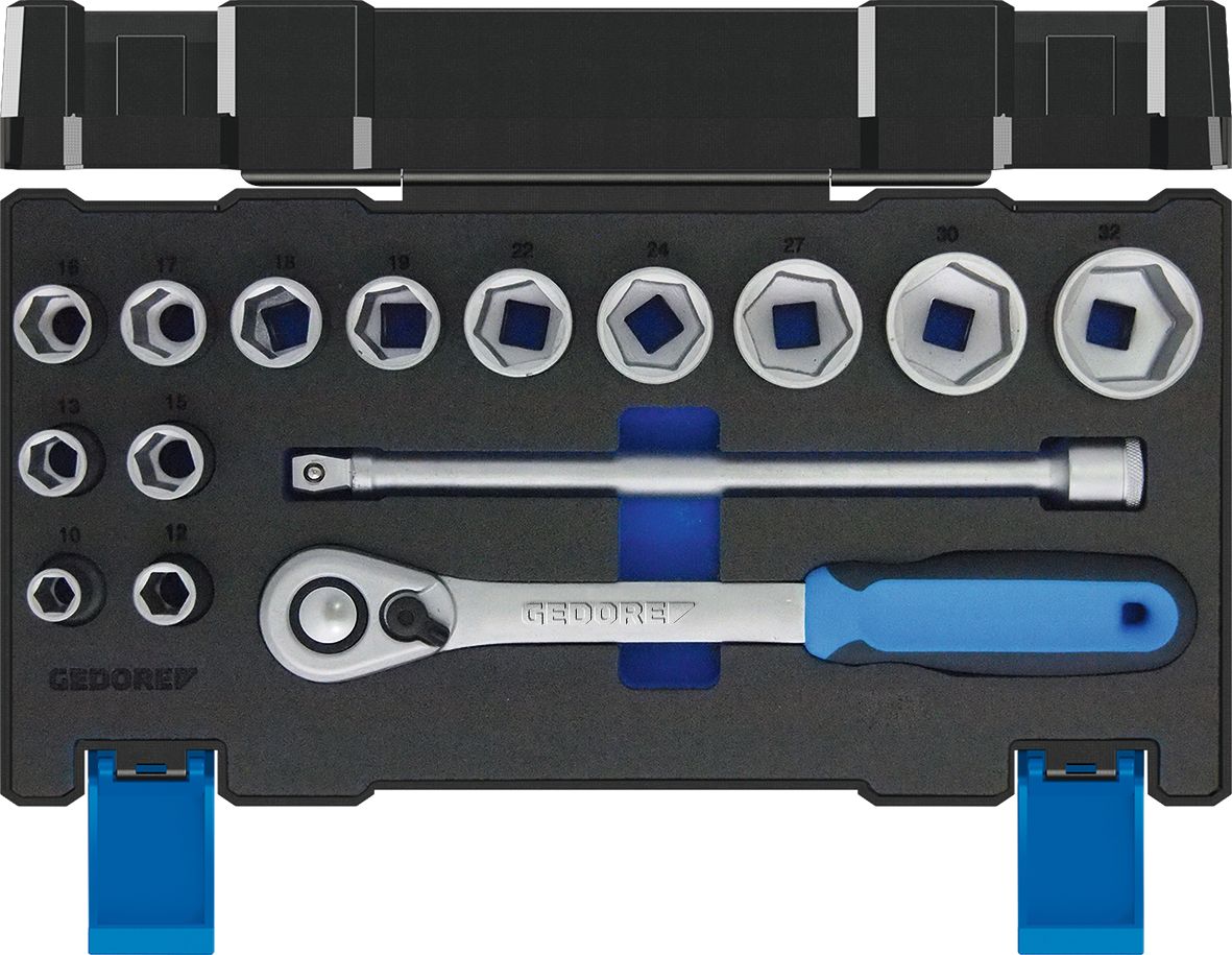 Gedore 15-Piece Metric 1/2 in Standard Socket Set with Ratchet, 6 point