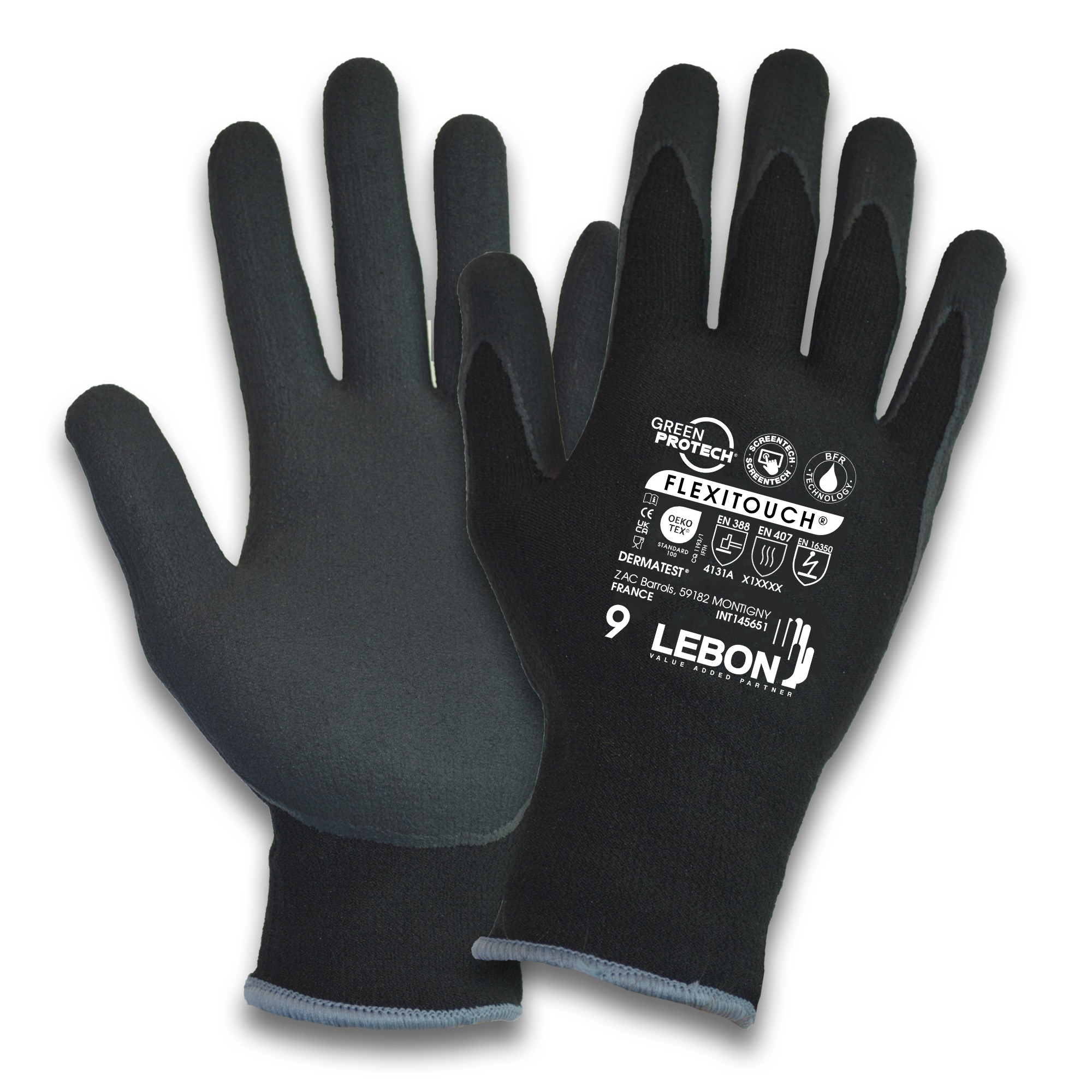 Lebon Protection FLEXITOUCH Black Elastane, Polyamide Work Gloves, Size 8, Bi-Polymer Coating