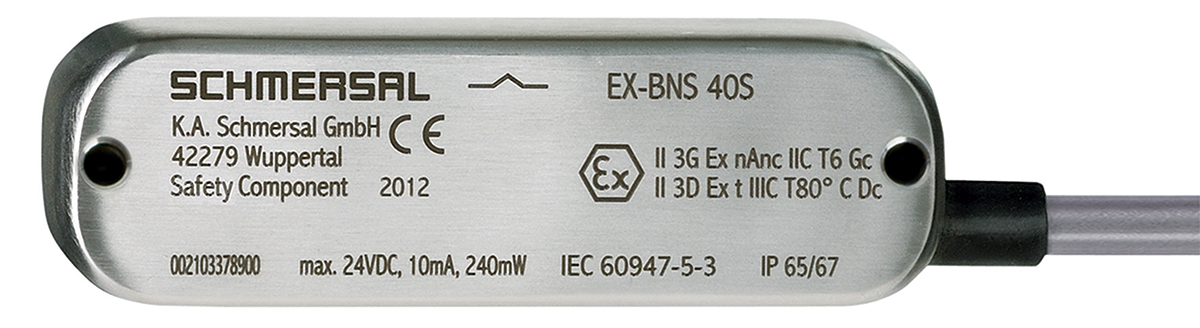 Schmersal EX-BNS40S Series Non-Flush Magnetic Non-Contact Safety Switch, 24V ac/dc, Stainless Steel Housing, NO/NC, 1m