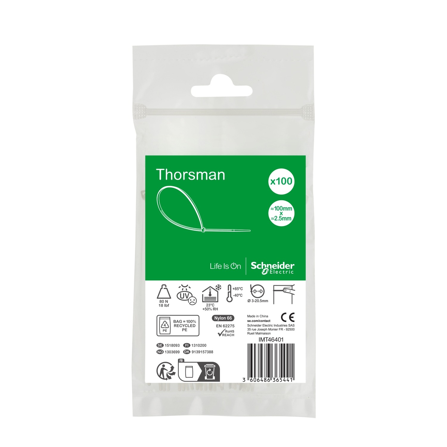 Schneider Electric Cable Tie, , 100mm x 2.5 mm, Clear Nylon, Pk-1
