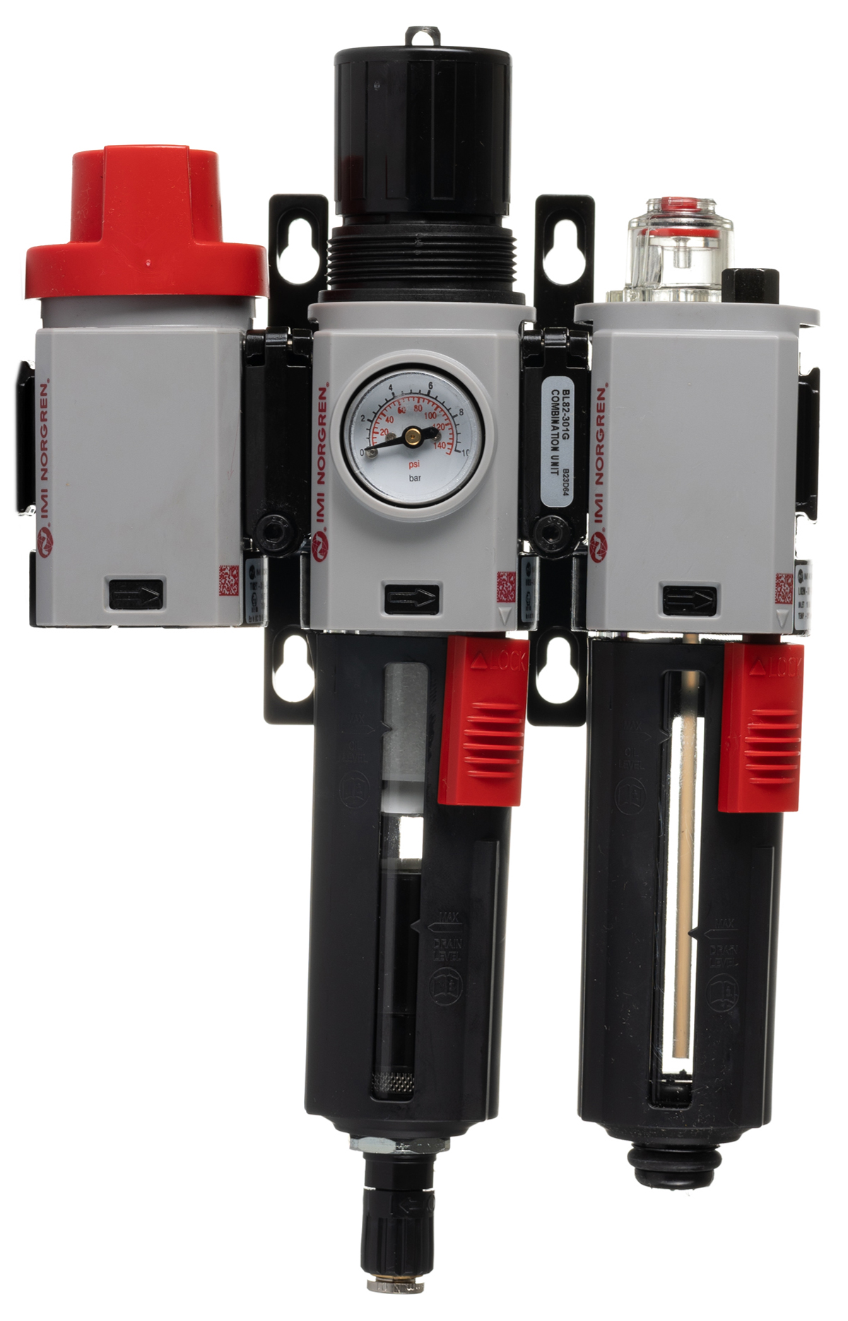 Norgren G 3/8 Filter Regulator Lubricator, Automatic Drain, 40μm Filtration Size Integrated Pressure Gauge