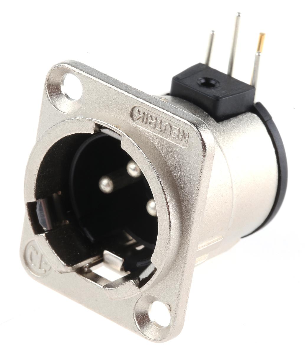 Neutrik Panel Mount XLR Connector, Right Angle, Male, 50 V, 3 Way, Silver over Nickel Plating