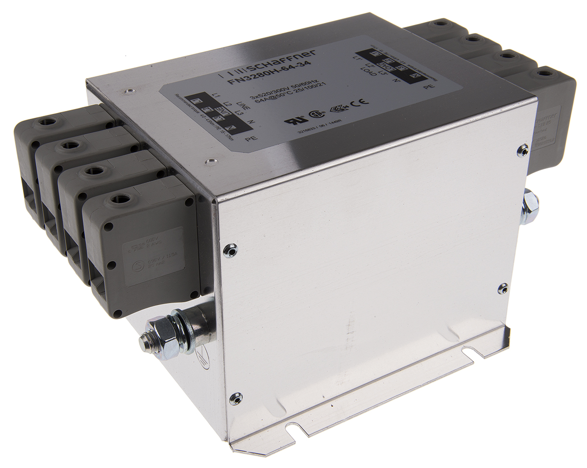 Schaffner, FN3280 64A 520/300 V ac 60Hz, Chassis Mount EMI Filter, Terminal Block 3 Phase