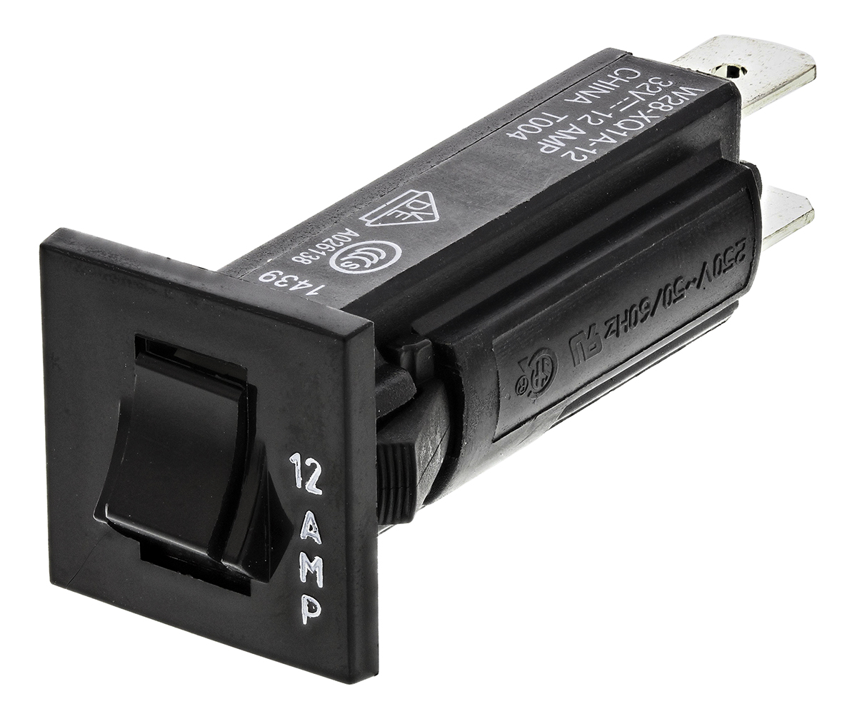 TE Connectivity Thermal Circuit Breaker - W28  Single Pole 32 V dc, 250V ac Voltage Rating, 12A Current Rating