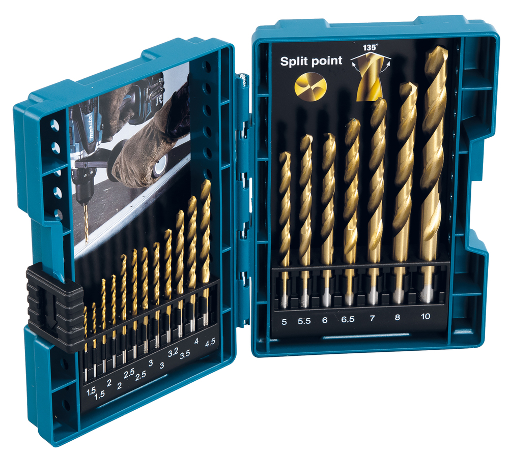 Makita 19-Piece Twist Drill Bit Set for Metal, 10mm Max, 1.5mm Min, HSS-TiN Bits