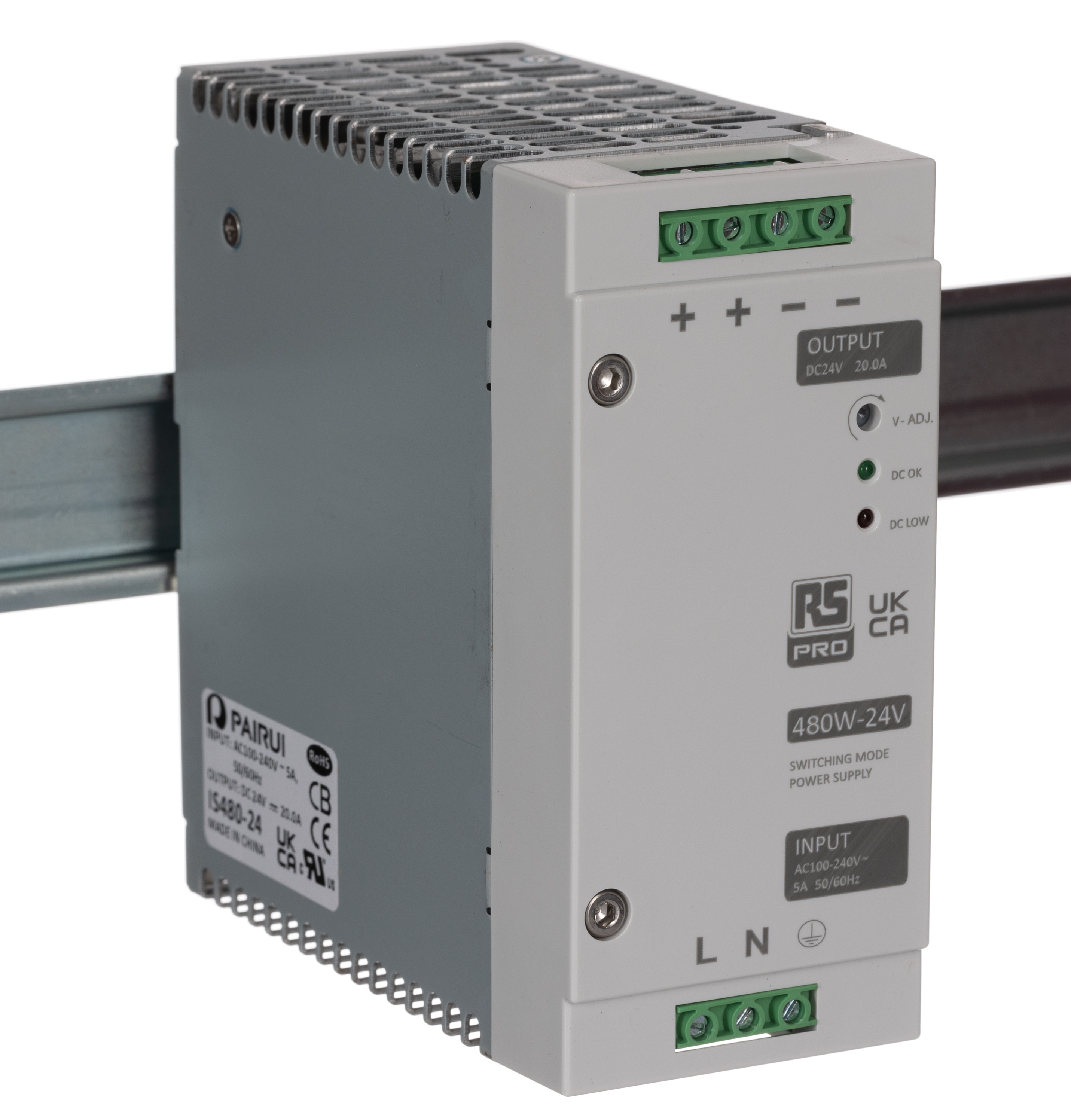 RS PRO Switched Mode DIN Rail Power Supply, 90 → 264V ac ac Input, 24V dc dc Output, 20A Output