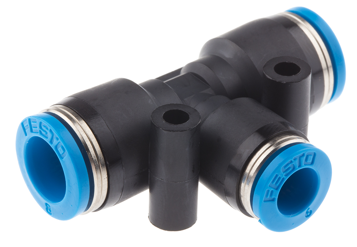 Festo QST Series Tee Tube-to-Tube Adaptor Push In 6 mm, Push In 8 mm to Push In 8 mm, Tube-to-Tube Connection Style,