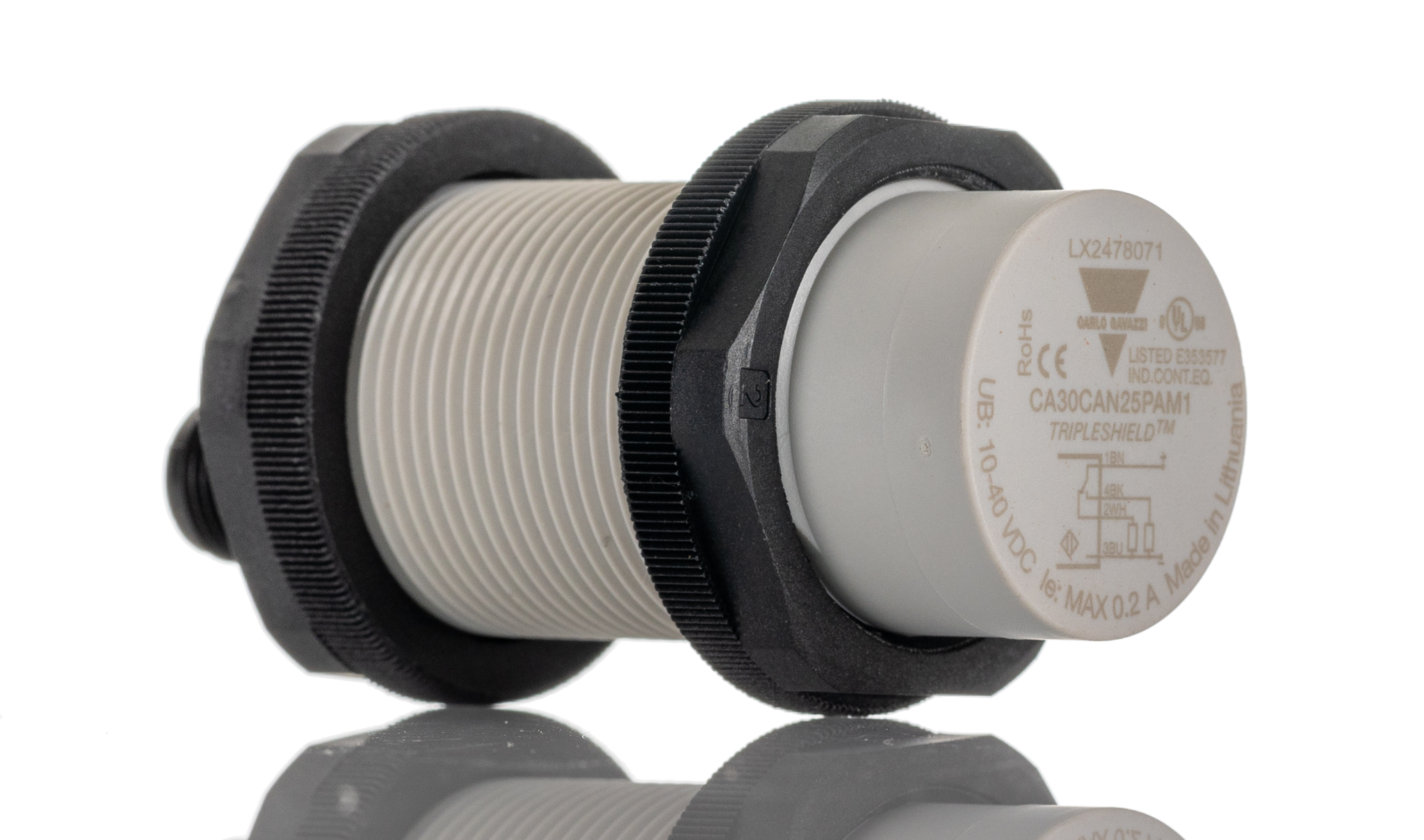 Carlo Gavazzi Capacitive Threaded Barrel Proximity Sensor, M30, 25 mm Detection, PNP NO+NC, 10 → 40 V dc