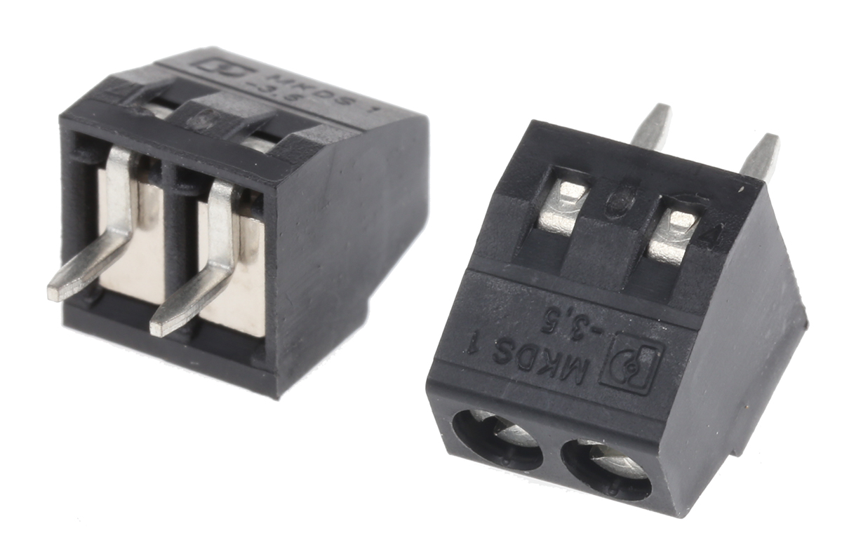 Phoenix Contact MKDS 1/ 2-3.5 HT BK Series PCB Terminal Block, 2-Contact, 3.5mm Pitch, Through Hole Mount, 1-Row,