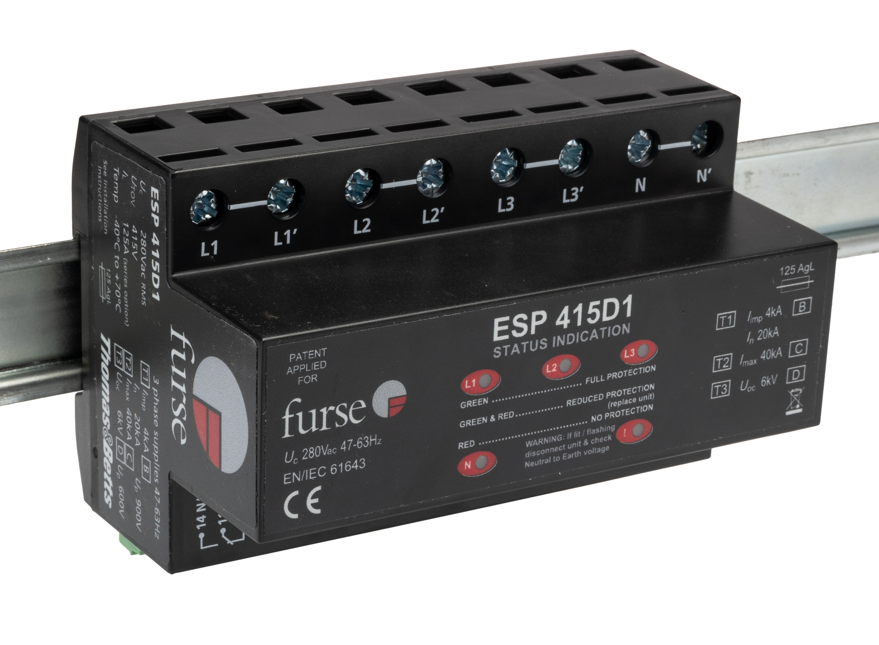 WJ Furse, D1 Lightning / Surge Arrester 280 V Maximum Voltage Rating 6.25kA Maximum Surge Current Mains Surge Protector