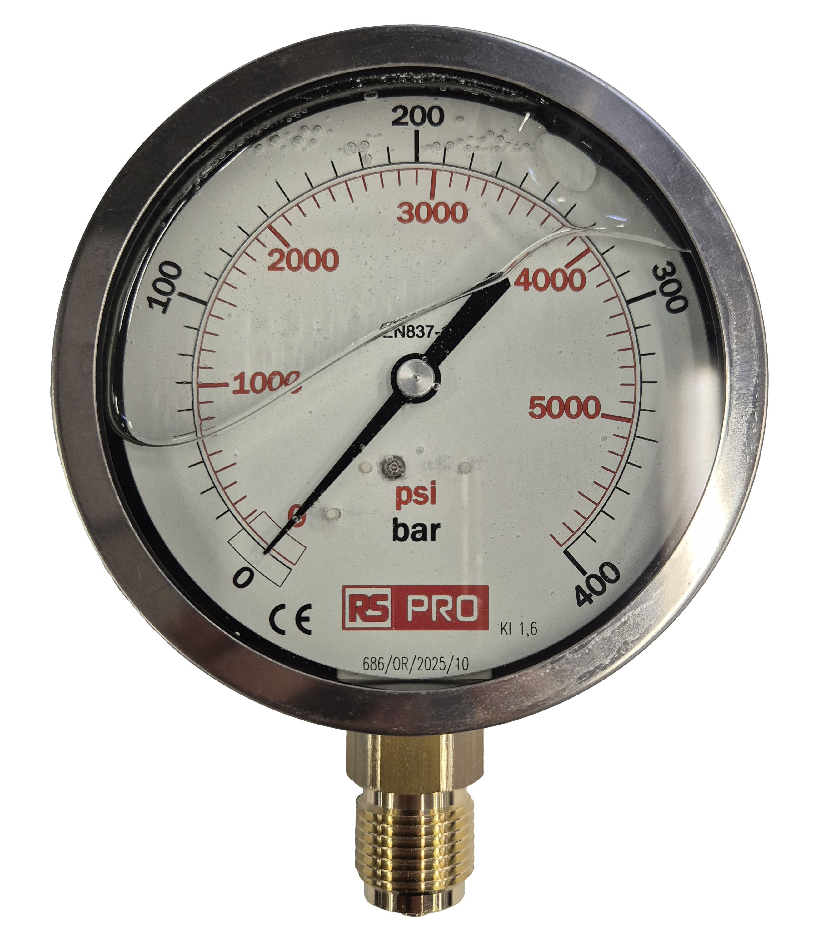 RS PRO BSP 1/2in Analogue Pressure Gauge 400bar Bottom Entry 100mm Outside Diameter