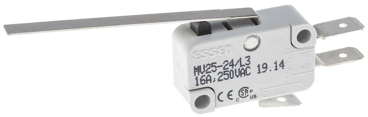 RS PRO Long Straight Lever Micro Switch, Quick Connect Terminal, 16 A @ 250 V ac, SP-CO