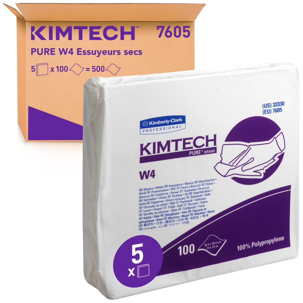 KIMTECH Pure W4 Wipers 7605 White Wipes for Clean Environments, Food Industry, Pharmaceutical, Dry Use, Bag of 100, 304
