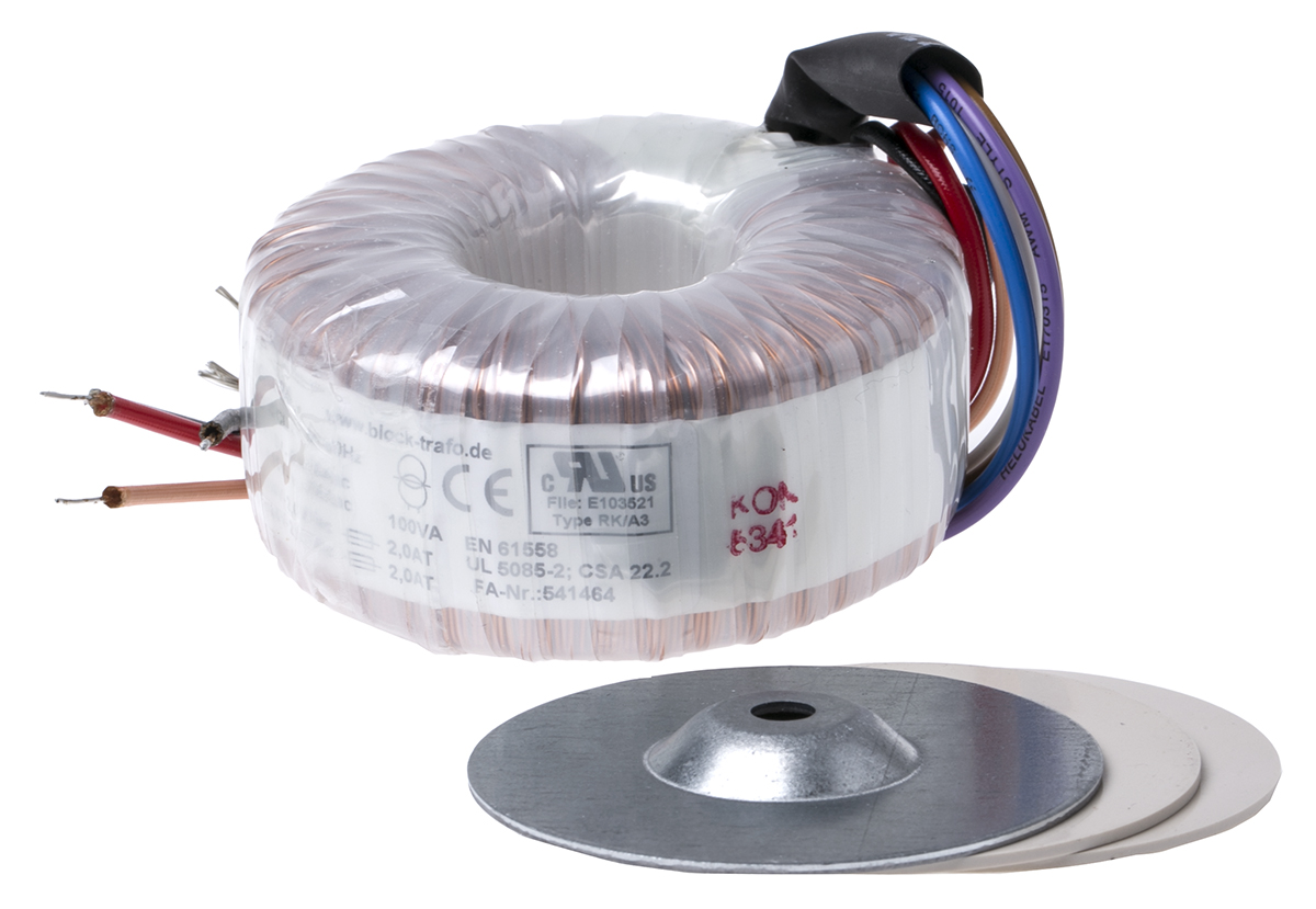 Block 115 V ac, 230 V ac, 2 x 24V ac Toroidal Transformer, 100VA 2 Output