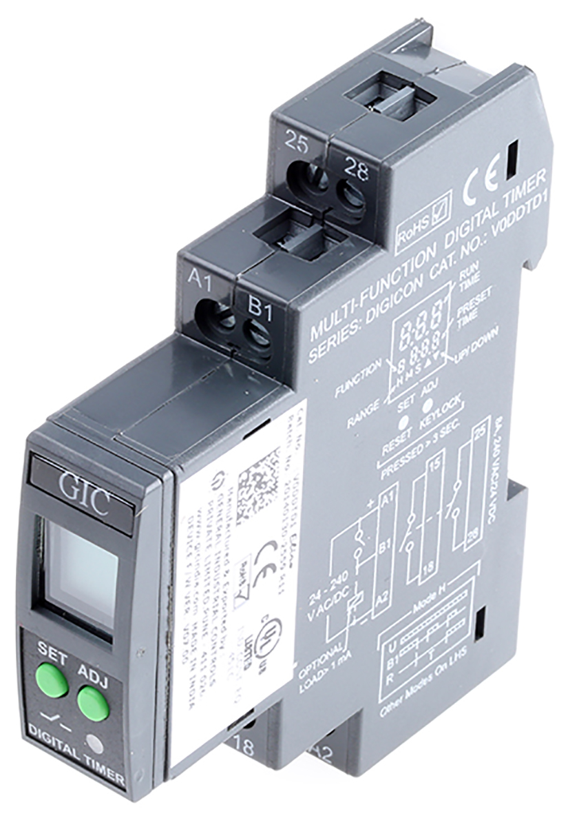 GIC DIN Rail Mount Timer Relay, 24 → 240V ac/dc, 1-Contact, 0.1 s → 999h, SPDT