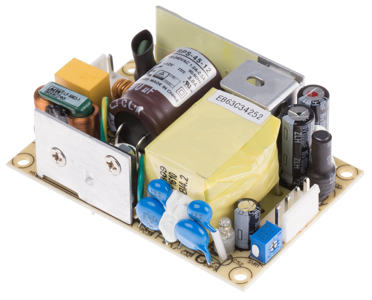 MEAN WELL Switching Power Supply, RPS-45-12, 12V dc, 3.8A, 45.6W, 1 Output, 80 → 264V ac Input Voltage