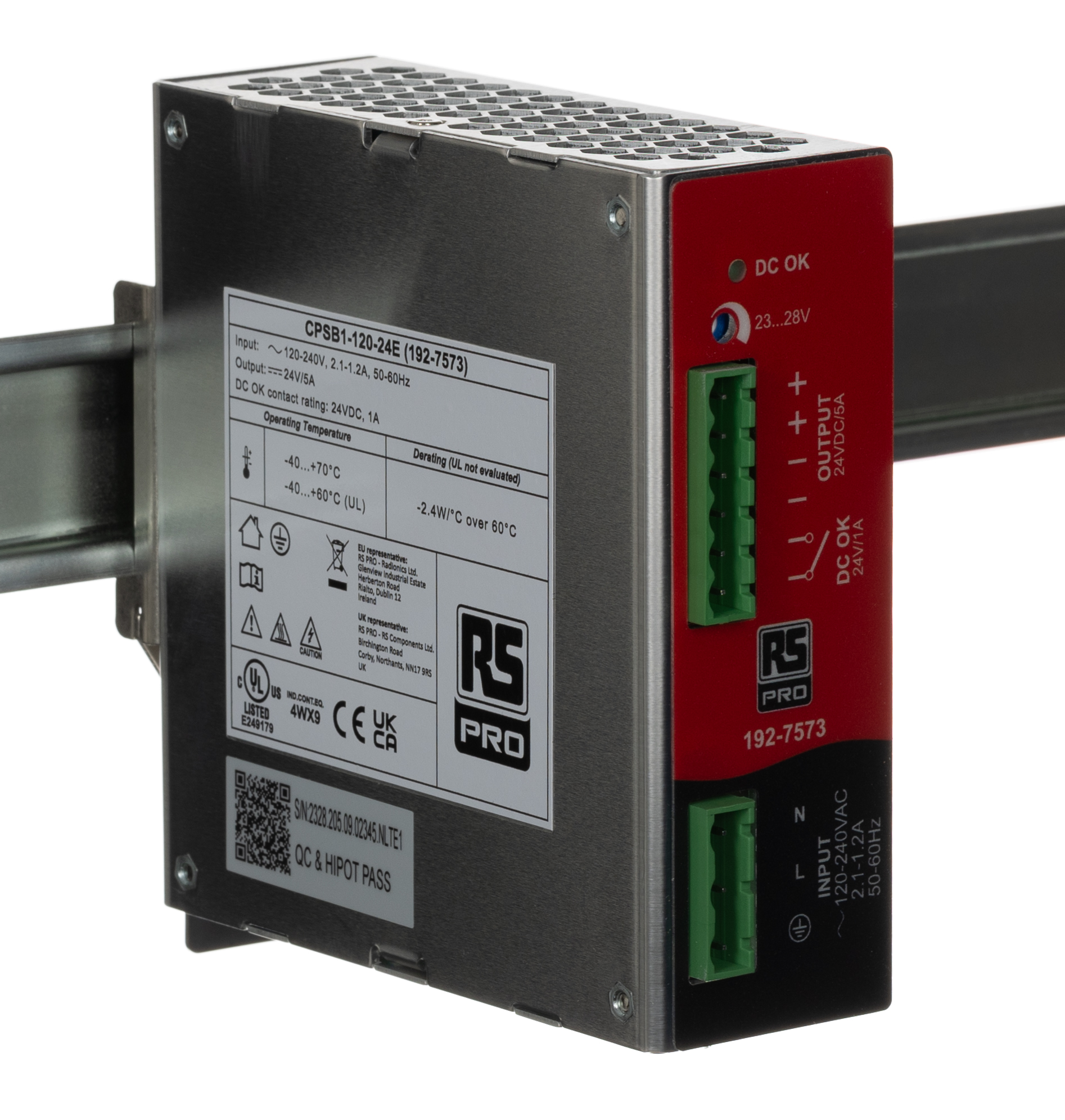 RS PRO Switched Mode DIN Rail Power Supply, 85 → 264 V ac / 110 → 345V dc ac, dc Input, 23 → 28V