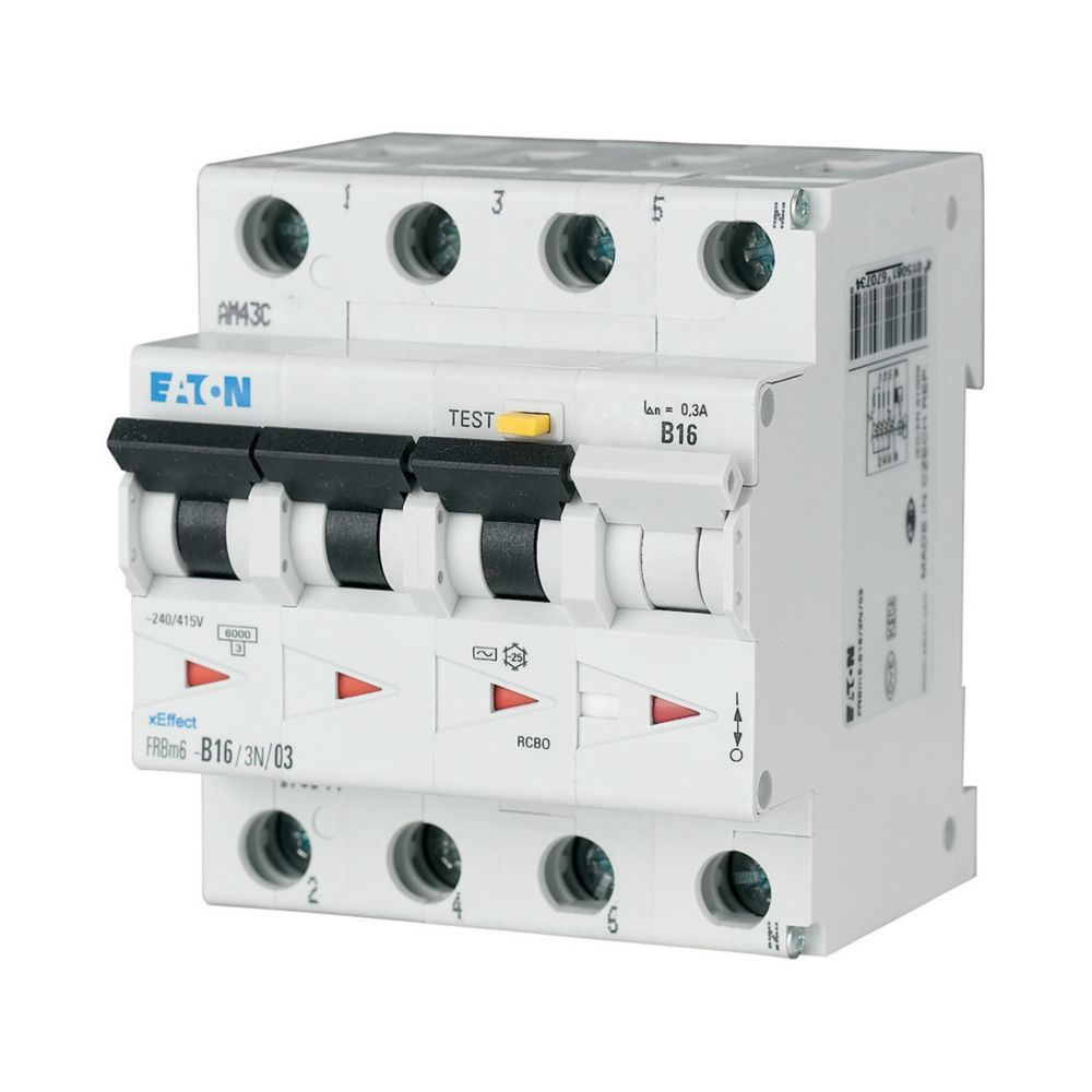 Eaton RCBO, 16A Current Rating, 4P Poles, 30mA Trip Sensitivity, Type A, Type C, FRBm6 Range