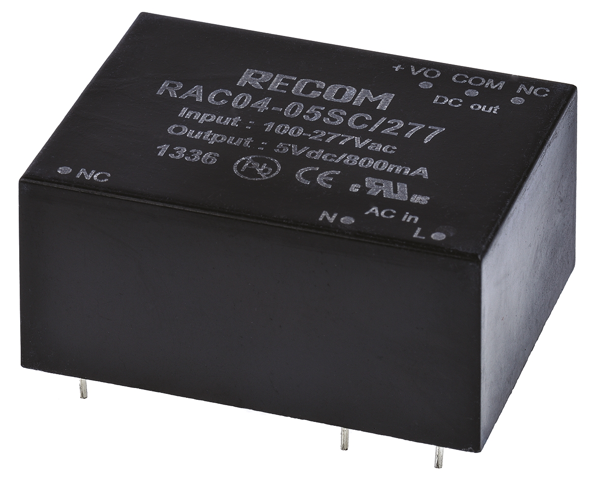 Recom Switching Power Supply, RAC04-05SC/277, 5V dc, 800mA, 4W, 1 Output, 80 → 305V ac Input Voltage