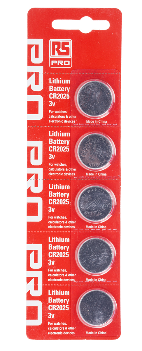 RS PRO CR2025 Button Batteries, 3V, 20mm Diameter, 5 Pack