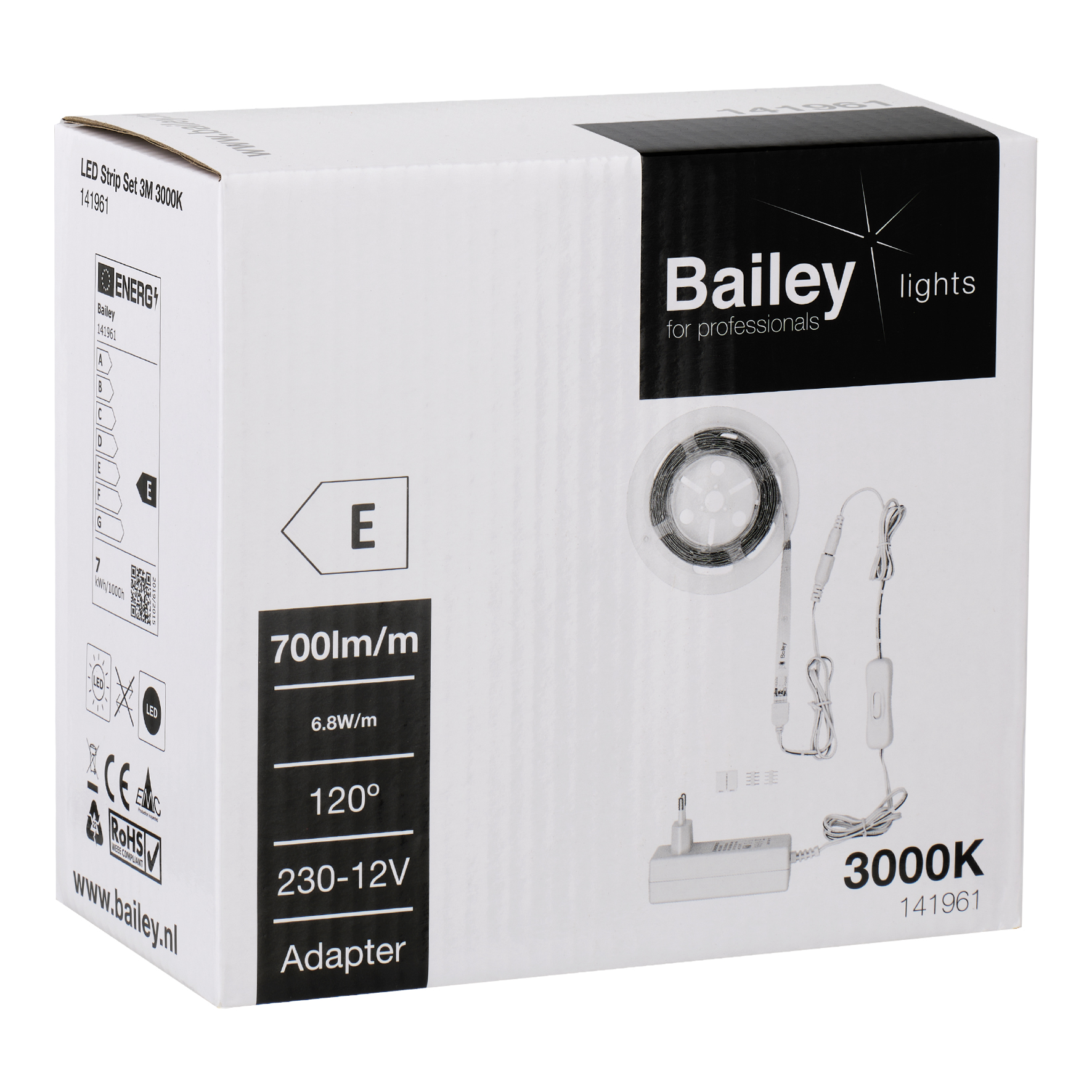 Bailey Electric & Electronics bv 12V dc White LED Strip, 3000K Colour Temp, 3000mm Length