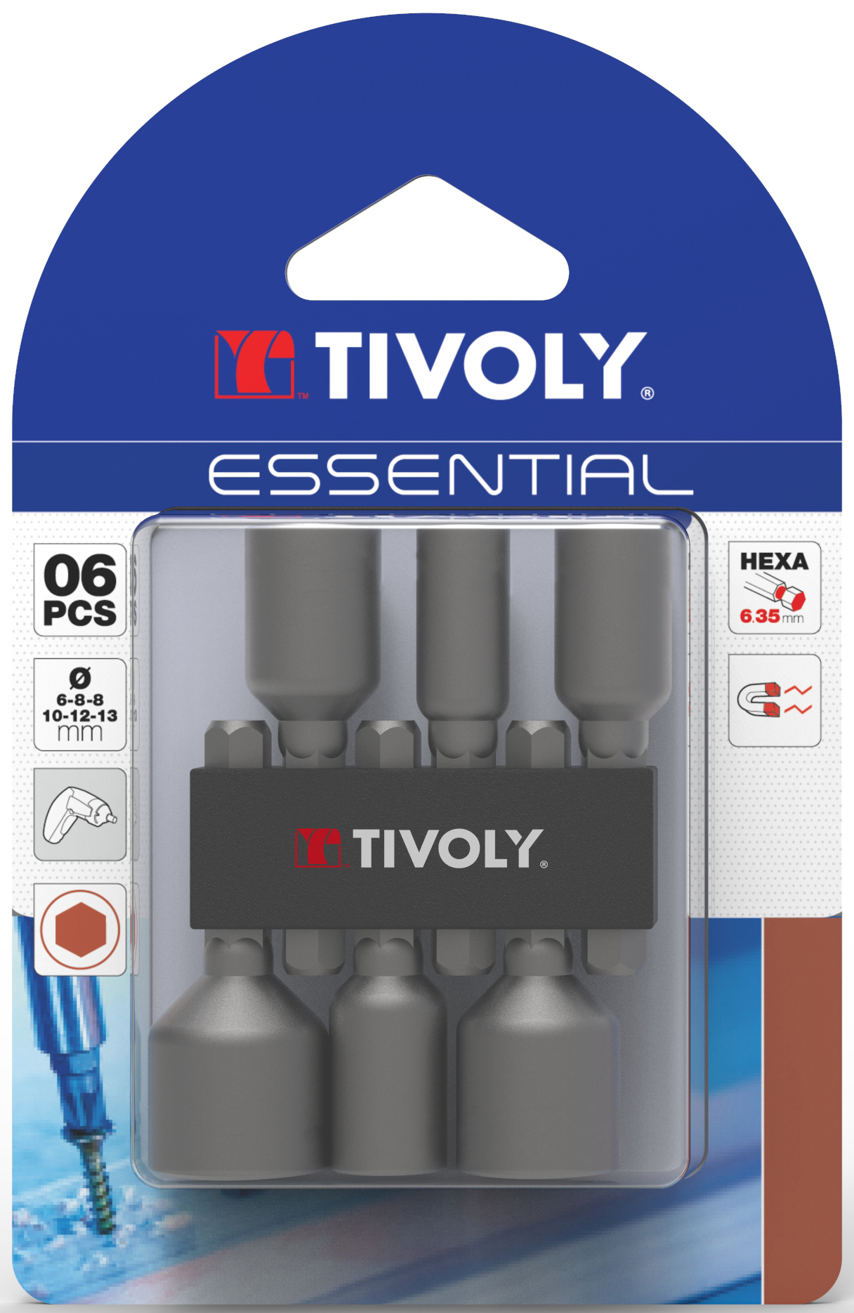 Tivoly Hexagon Nut Driver, 6 mm, 8 mm, 10 mm, 12 mm, 13 mm Tip