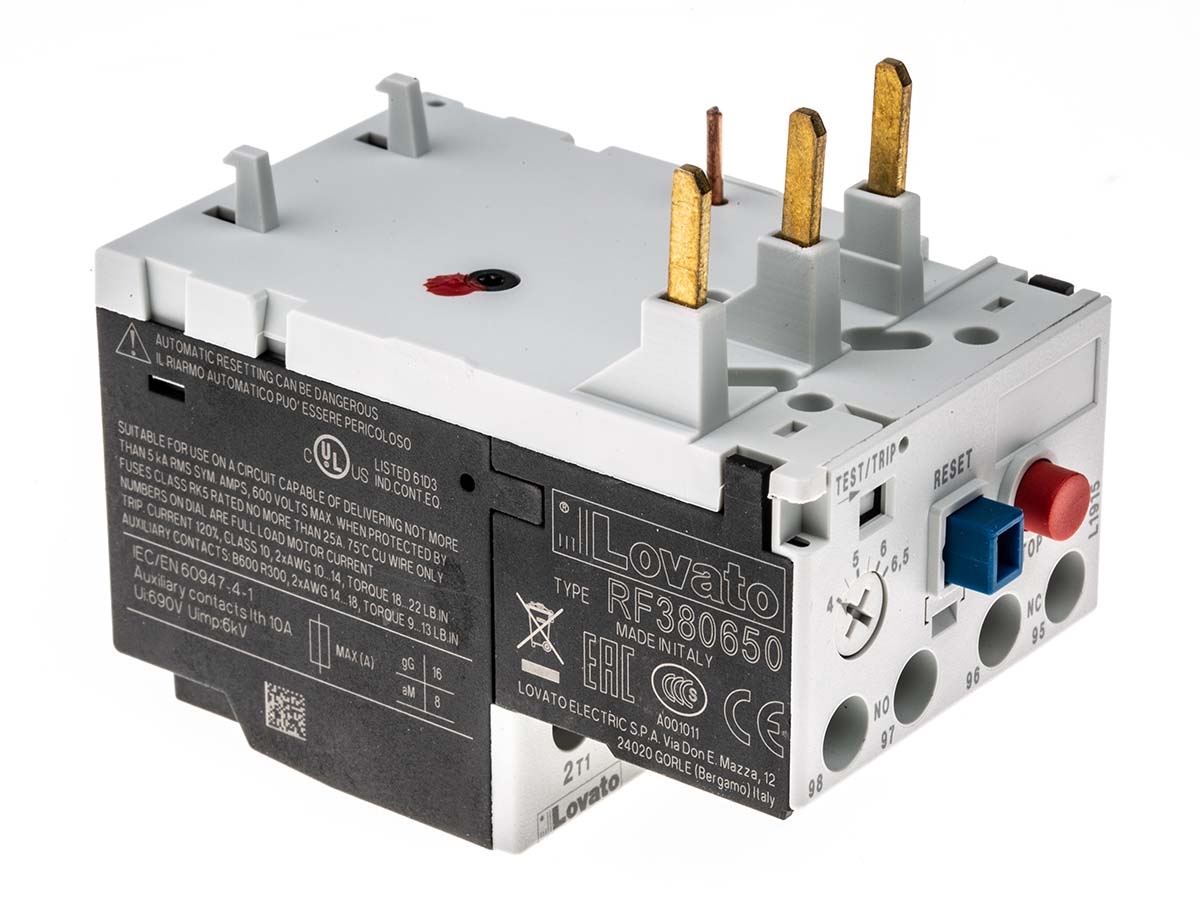 Lovato RF38 Thermal Overload Relay 1NC/1NO, 4 → 6.5 A F.L.C, 38 A Contact Rating, 4 → 6.5 A, 690 Vac, 3P