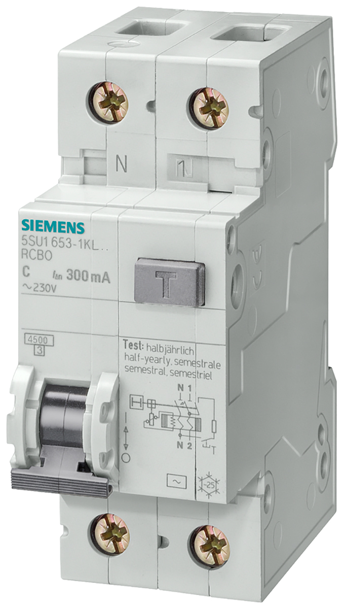 Siemens RCBO, 16A Current Rating, 2P Poles, Type AC, Sentron Range