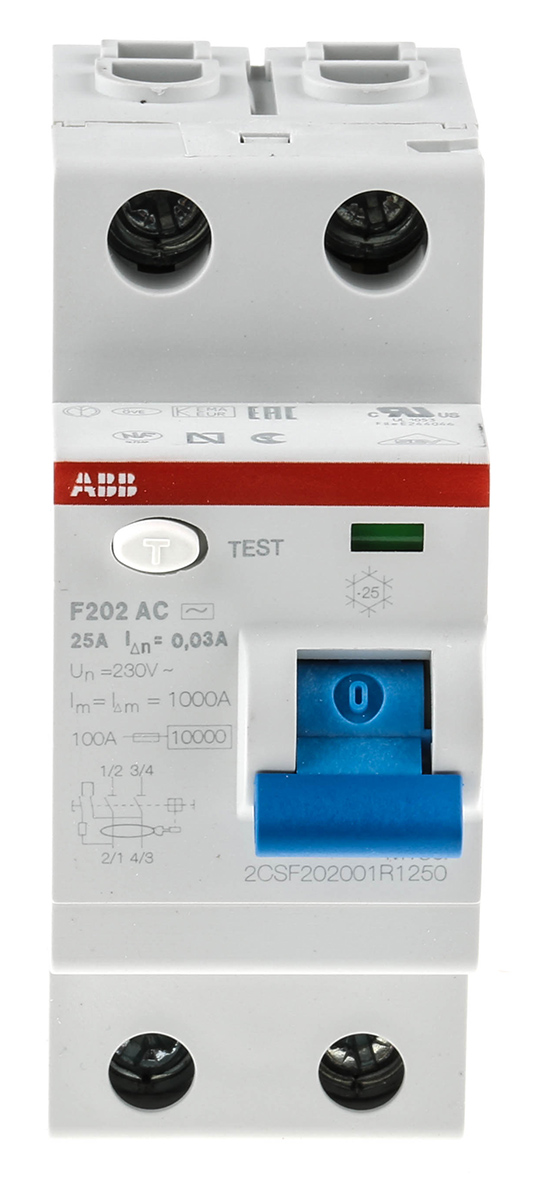 ABB F200 RCCB, 25A, 2 Pole, 30mA, Type AC, 230V
