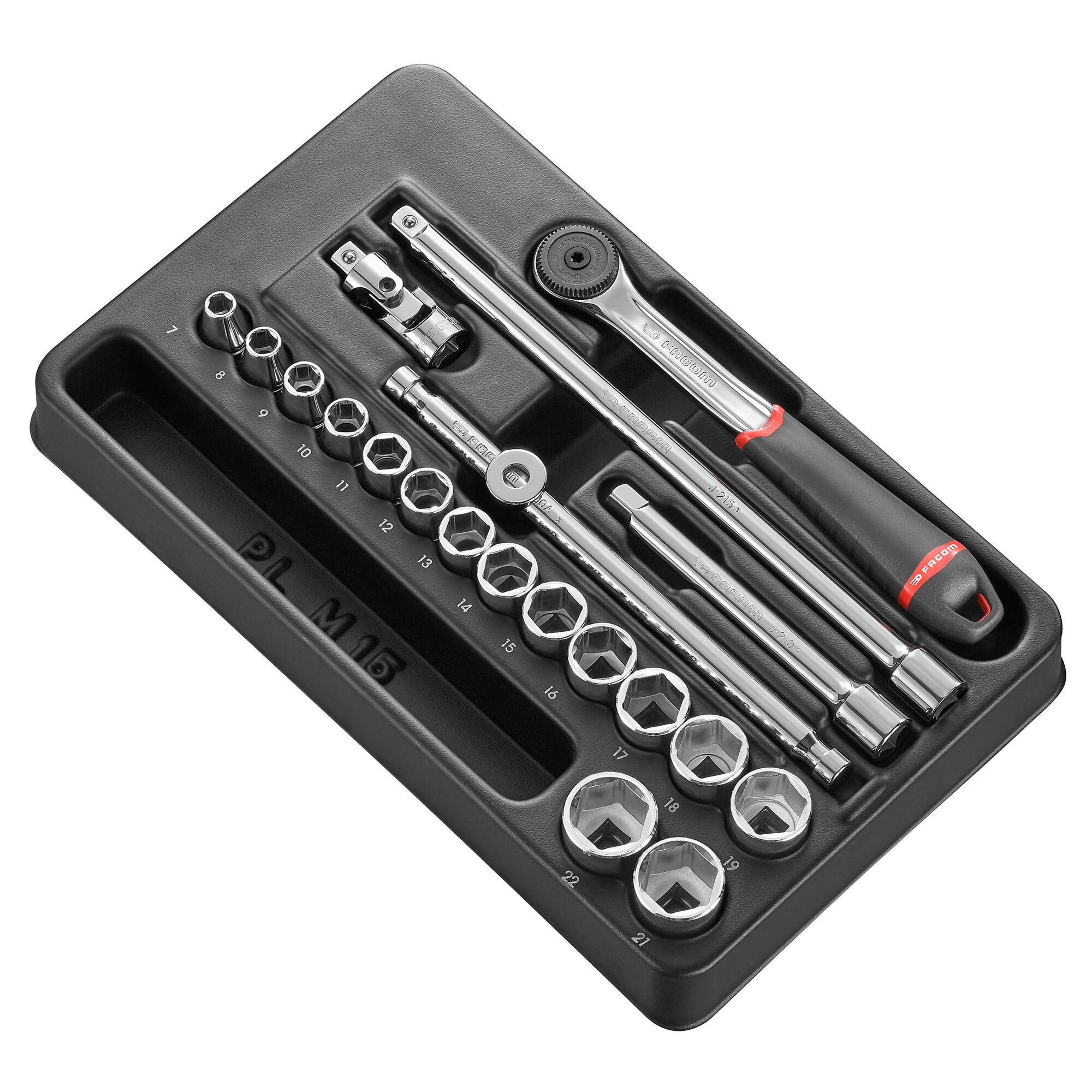 Facom 20-Piece Metric 3/8 in Standard Socket Set with Ratchet, 6 point