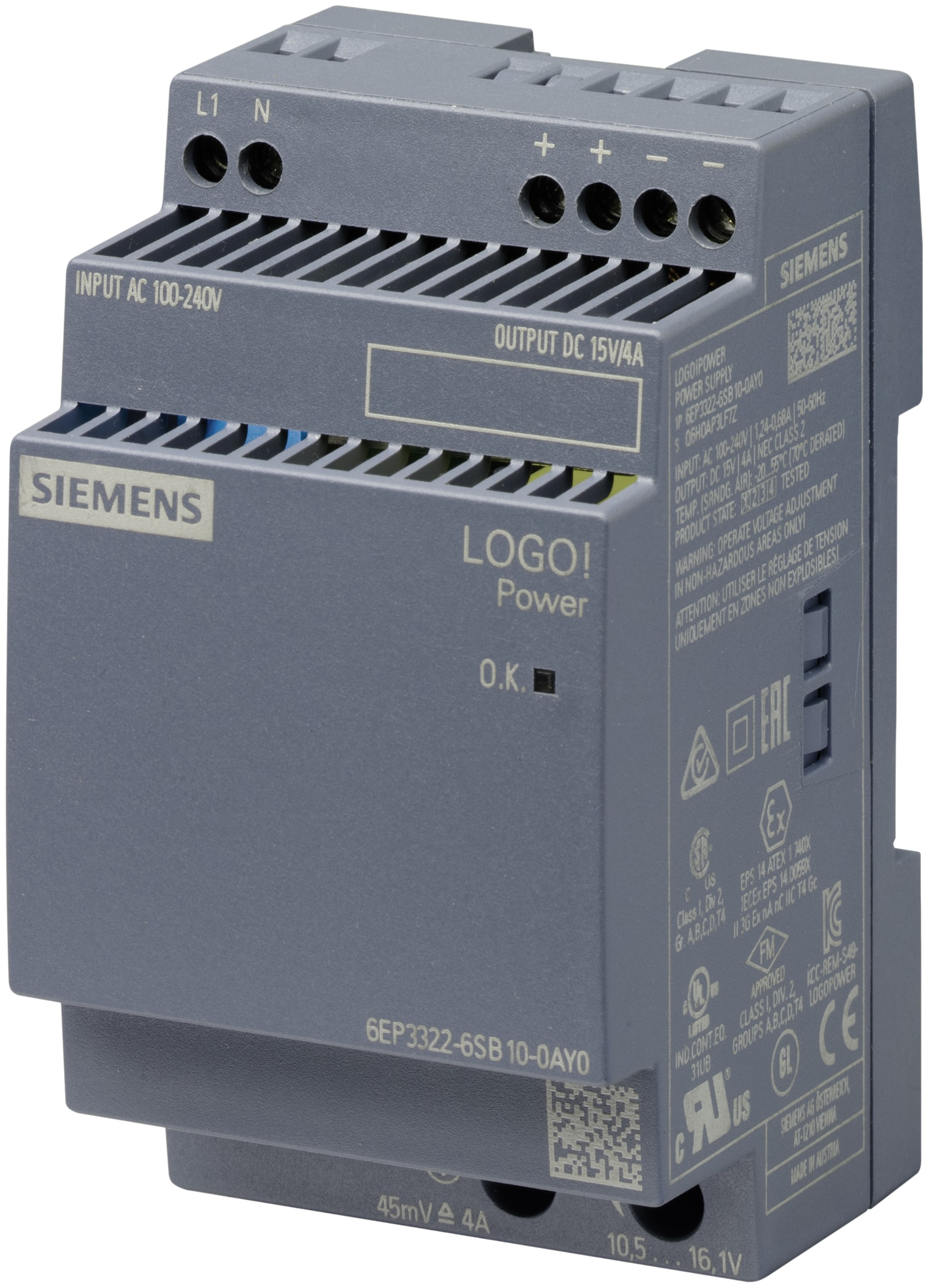 Siemens LOGO POWER Switched Mode DIN Rail Power Supply, 230V ac, 15V dc dc Output, 4A Output, 60W