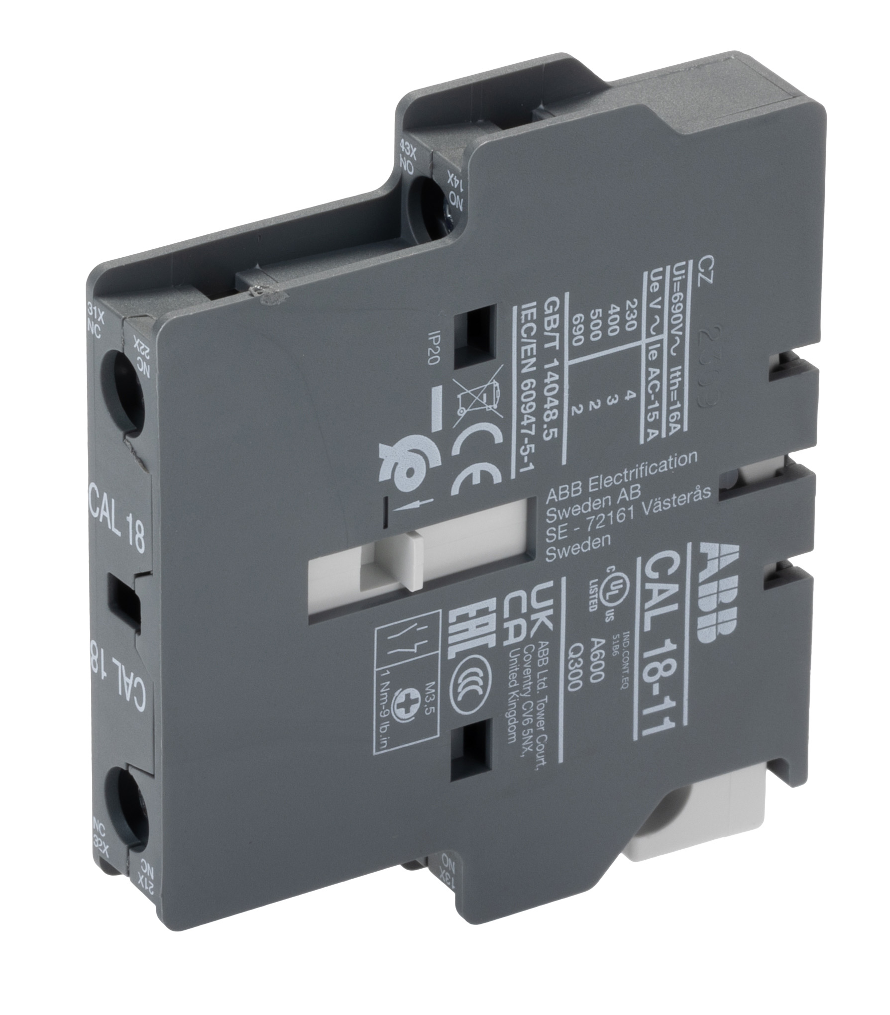 ABB Auxiliary Contact Block, 2 Contact, 1NC + 1NO, Front Mount, CAL18 CAL18