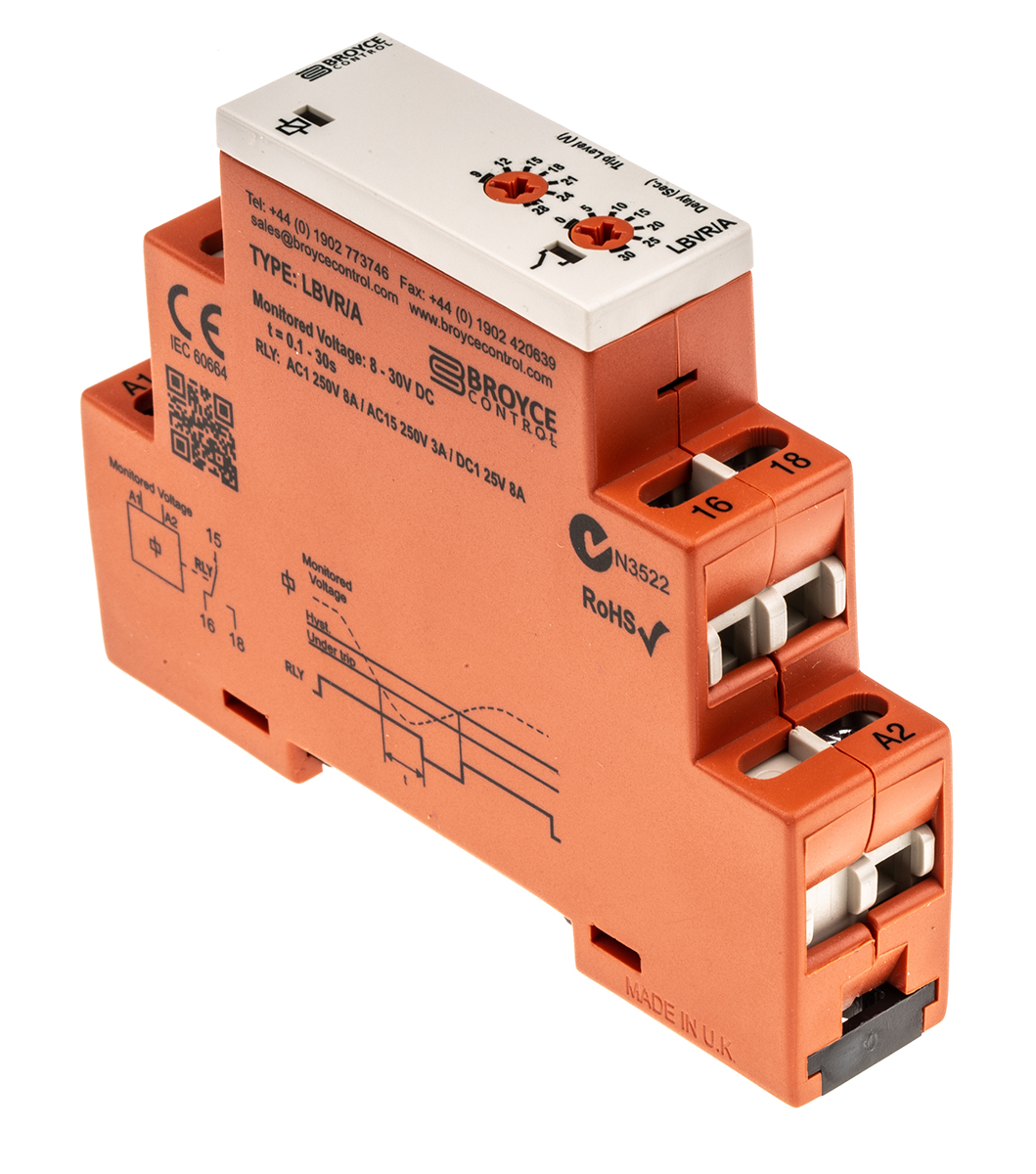 Broyce Control Voltage Monitoring Relay, SPDT, 12 → 24V dc, DIN Rail
