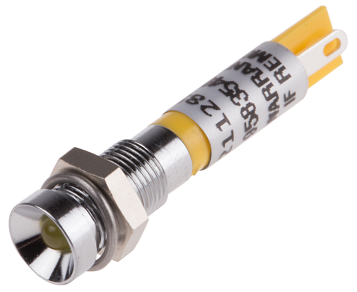 RS PRO Yellow Panel Mount Indicator, 12V dc, 6mm Mounting Hole Size, Solder Tab Termination
