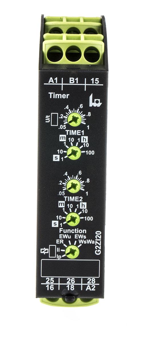 Tele G2ZI20 Series DIN Rail Mount Timer Relay, 12 → 240V ac/dc, 2-Contact, 0.05 s → 100h, DPDT