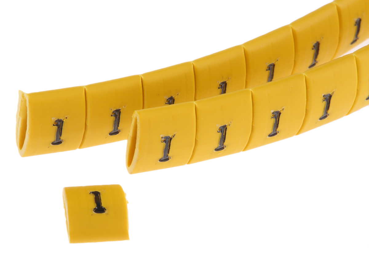 HellermannTyton Ovalgrip Slide On Cable Markers, Black on Yellow, Pre-printed "1", 1.7 → 3.6mm Cable, 901-10134