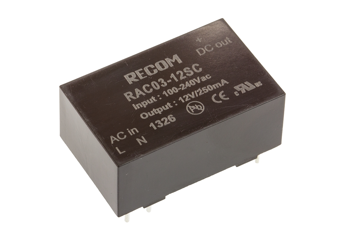 Recom Switching Power Supply, RAC03-12SC, 12V dc, 250mA, 3W, 1 Output, 90 → 264V ac Input Voltage