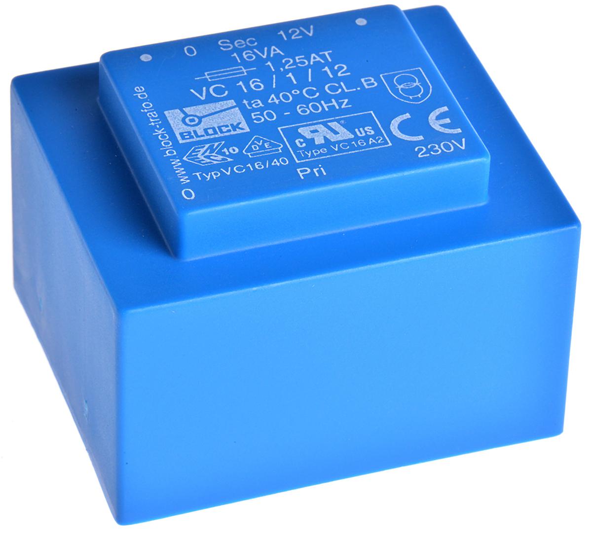 Block 12V ac 1 Output Through Hole PCB Transformer, 16VA