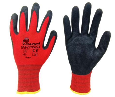GUYARD GOLD TOUCH Black, Red Polyamide Work Gloves, Size 9, Polyurethane Coating